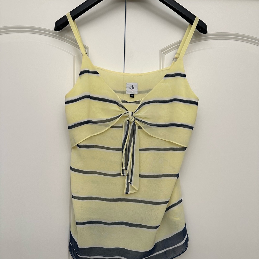 CAbi Yellow and Navy Blue Striped Riviera Light Knot Cami Style# 5207. VGUC